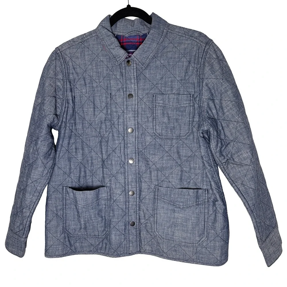 Lands End Womens Reversible Quilted Barn Jacket Chore Coat Blue Chambray Plaid M